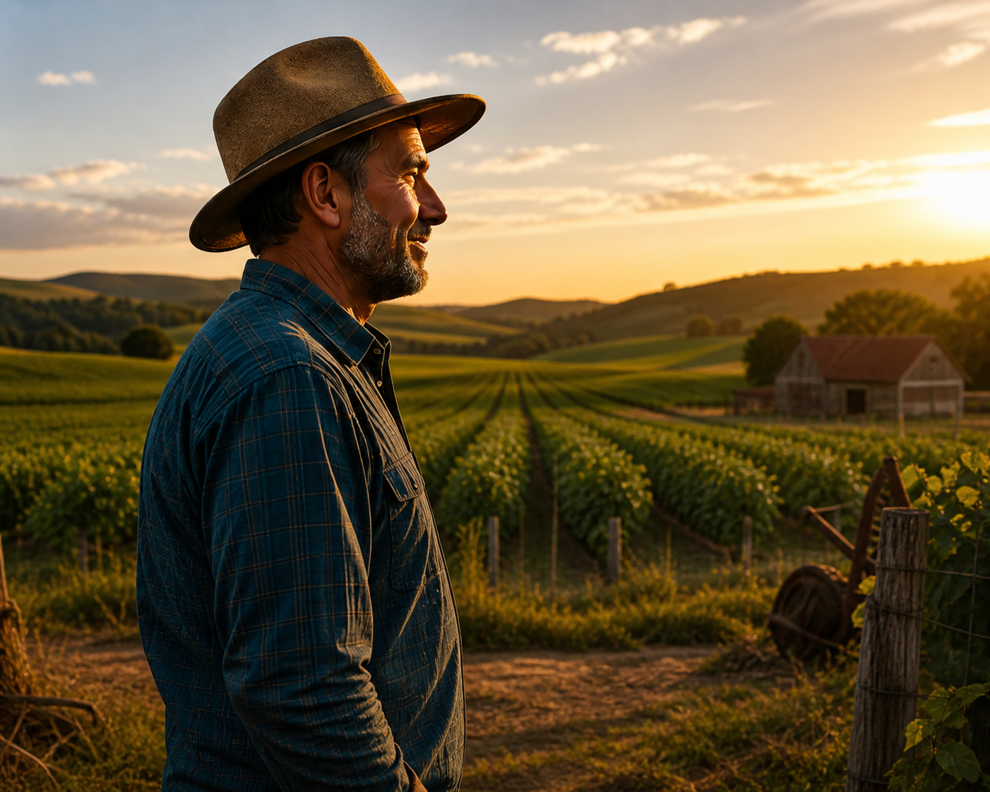 Agricultor em campo ao entardecer