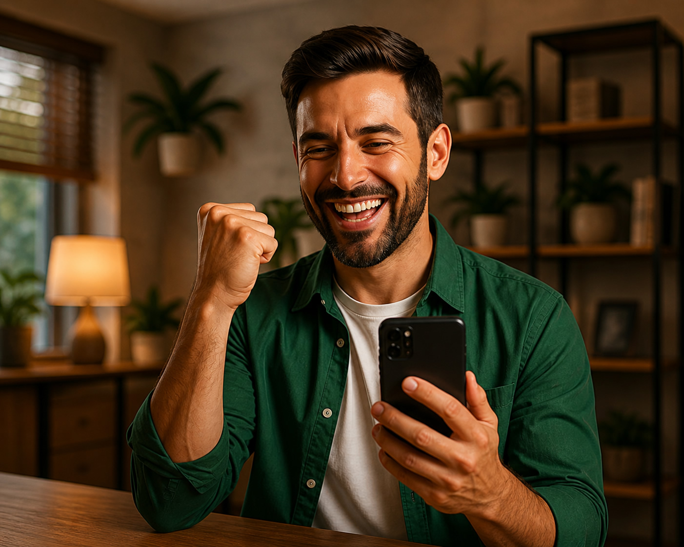Homem comemorando com celular na mão
